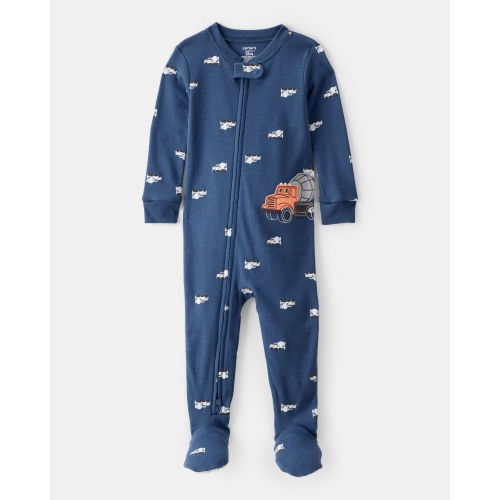 Baby Boy Construction Print 100% Cotton Long-Sleeve 2-Way Zip 1-Piece Pajamas - Blue - Carter's | Carter's