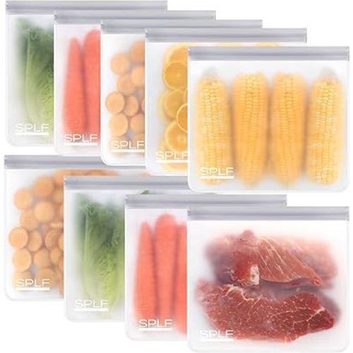 SPLF 10 Pack Reusable Sandwich Bags, Reusable Quart Freezer Bags, Extra Thick Leakproof Reusable Storage Bags Silicone and Plastic Free for Marinate Meats, Cereal, Lunch, Travel Items Gray