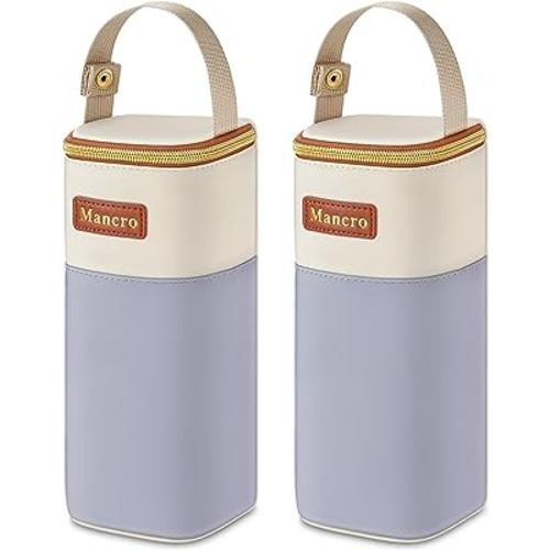 Mancro 2pack Insulated Baby Bottle Bags, Fits Baby Bottles up to 12 Oz Breastmilk Cooler Bag with Button Handle, Portable Baby Bottle Cooler Bag for Nursing Mom Daycare, Beige