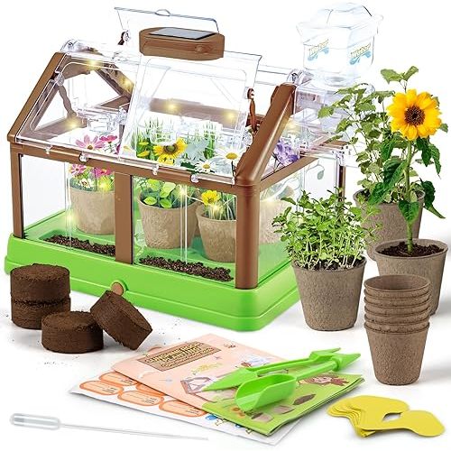 Kids Plant Growing Kit - Kids Greenhouse & Flower Growing Kit with Upgraded Irrigation & Grow Light – Perfect Gardening for Kids(Solar Green)