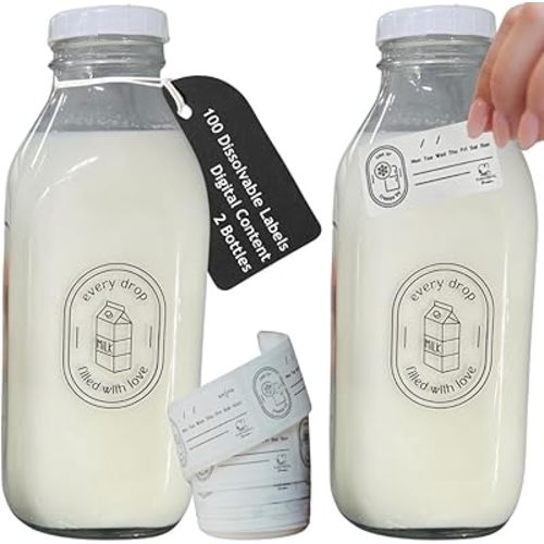 Breast Milk Pitcher Set - Breast milk Storage Containers for Fridge w/labels - Breastmilk Pitcher bottles - Vintage 32 oz Breastmilk Jug - Glass Pitcher for Breastmilk-Dishwasher Safe Formula Pitcher