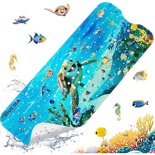 XIYUNTE Baby Bath Mat for Tub Non Slip, 40''x16'' Extra Long Kids Bath Tub Mat Non Slip, Safety Baby Bathtub Shower Mat with Suction Cups and Drain Holes, Machine Washable, Blue Sea