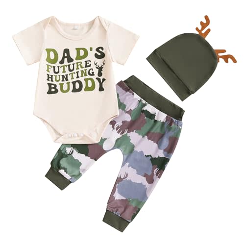 xkwyshop Newborn Baby Boy Summer Outfit Letter Deer Hunting Short Sleeve Romper Camouflage Pants Antler Hat 3Pc Clothes Set