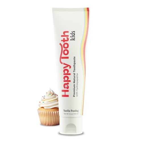 Happy Tooth Natural Hydroxyapatite Toothpaste, Fluoride Free, SLS Free, Whitening for Sensitive Teeth, Natural Ingredients, Dentist Formulated & Recommended, Adults & Kids, Vanilla Frosting 3.4 Fl Oz