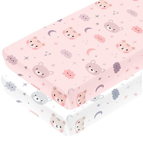 Yoofoss Fitted Crib Sheet Set 2 Pack Baby Sheets for Standard Crib Toddler Mattress Cover Soft Microfiber Breathable Mattress Cover for Boys and Girls 28x52x9in White&Pink - 28x52"