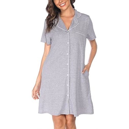 Vlazom Women's Nightgowns Short Sleeve Sleep Shirts Nightshirt V Neck Button Down Pajama Sleepwear S-XXL