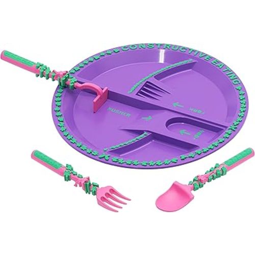 Constructive Eating Plate and Utensils Set - Made in USA - Toddler Dinnerware, Kids Dinnerware and Utensils Set for Ages 1-3, Toddler Utensils 2 and 3 Year Old, Divided Toddler Plates (Garden Fairy)