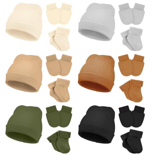 Toulite 6 Pack Preemie Hats Mittens and Socks Set Cotton Preemie Beanie Hat Socks and No Scratch Mittens