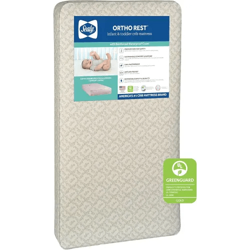 Sealy Baby Ortho Rest Waterproof Crib Mattress Plus Toddler Bed Fit, 150 Extra Firm Coils, Orthopedic Comfort, GREENGUARD Gold Certified, Safety & Quality Tested, Made in USA, 52"X28" - Gray