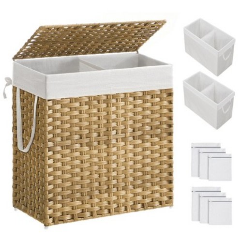 SONGMICS 110L Laundry Hamper with Lid Clothes Hamper with 2 Removable Liner Bags & 6 Mesh Bags Natural