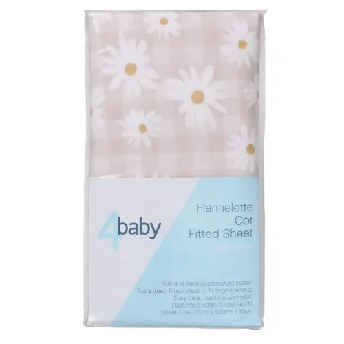 4Baby Fitted Sheet Cot Flannel Checkered Daisy | Baby Bunting AU