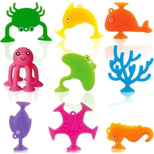 Suction Bath Toys for Kids, 9 PCS Silicone Ocean Animal Suction Cup Toys, Mold Free No Hole Bathtub Toy, Sensory Window Building Toy Gifts for Toddler Children Kids Over 1 Years
