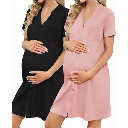 Ekouaer 2 Pack Maternity Nightgown Button Down Nursing Gown 3 in 1 Breastfeeding Sleepwear V Neck Short Sleeve Delivery Dress