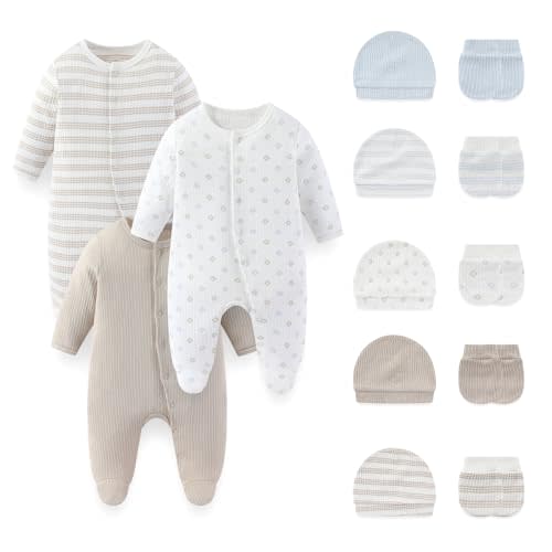 falianni Fashion Baby Boy Girl Clothing Set Cotton Soft 3-Piece Long Sleeve Button Rompers 5-Pack Hats&Gloves Infant Clothes