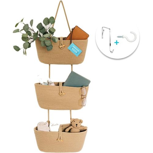 OrganiHaus Woven Hanging Baskets for Organizing | 3-Tier Hanging Wall Basket for Storage | Boho Nursery Closet Organizer | Wall Mounted Basket | Over The Door Storage Basket for Closet Decor - Honey