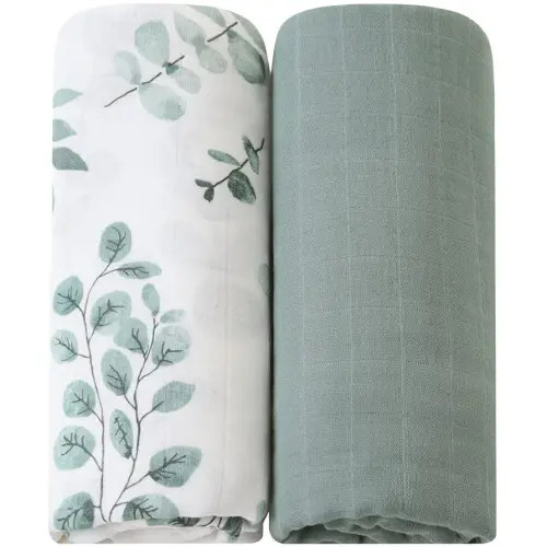 LifeTree Muslin Swaddle Blankets, 2 Pack Baby Swaddling Receiving Blanket for Boys & Girls, 70% Viscose from Bamboo & 30% Cotton, Large 47" X 47" Eucalyptus Leaves/Sage