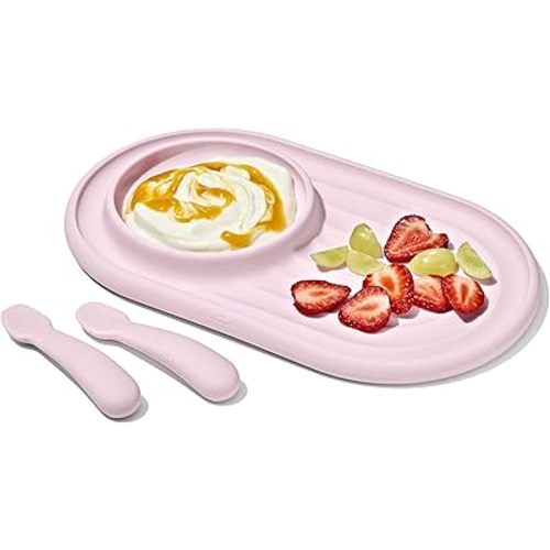 OXO Tot Textured Suction Plate & Spoons Set, Baby Led Weaning Supplies - Opal