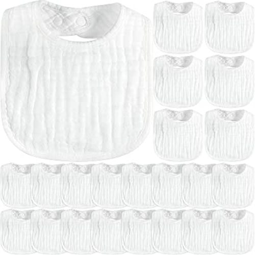 Zhanmai 20 Pack Muslin Baby Bibs Adjustable White Drool Bandana Bibs 6 Absorbent Layers for Newborn Baby Girl Boy Feeding, Drooling and Teething, Machine Washable