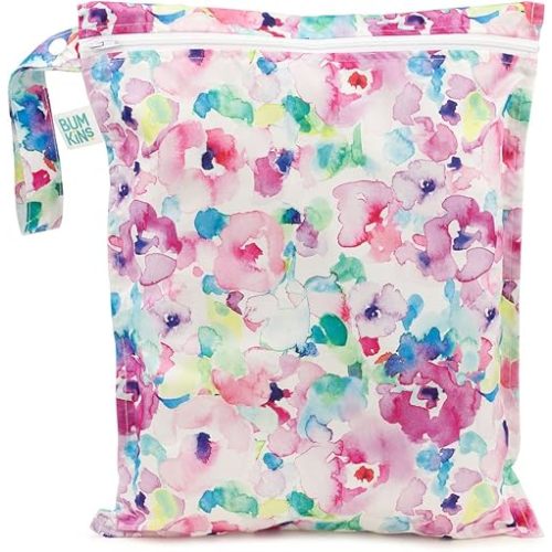 Bumkins Waterproof Wet Bag for Baby, Travel, Swim Suit, Cloth Diapers, Pump Parts, Pool, Gym, Toiletry, Strap to Stroller, Daycare, Zipper Reusable Bag, Wetdry Packing Pouch, Watercolors Floral