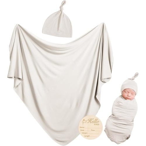 Bamboo Newborn Swaddle Blanket Set with Matching Beanie, Super Soft Stretchy Baby Clothes Outfit for Girl Boy, Receiving Blankets Newborn Essentials, 47 x 47 Inch | Super Soft, Stretchy, Newborn Essentials, Receiving Blankets, Matching Beanie