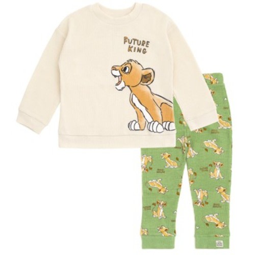 Disney Lion King Simba Newborn Baby Boys Waffle Knit Drop Shoulder Sweatshirt and Jogger Pants Outfit Set Beige / Green 0-3 Months