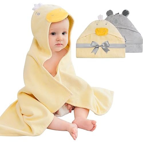 2 Pack Baby Hooded Towels, Premium Soft Cotton Baby Bath Towels with Hood, Extra Thick and Super Absorbent, Essential for Newborns, Infants and Toddlers (Yellow Duck & Grey Koala)