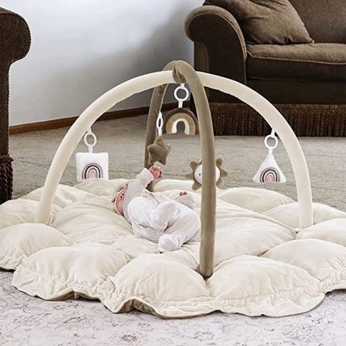 5-in-1 Thick & Plush Baby Play Gym, Baby Play Mats for Floor, Tummy Time Mat with 6 Toys, Cat Bed, Dog Bed, Convertible Stage-Based Developmental from Baby to Toddler, Ball Pit, Pet Cushion, Brown