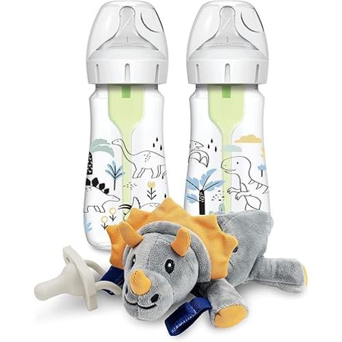 Dr. Brown's Natural Flow® Anti-Colic Options+™ Wide-Neck Baby Bottle, Dino Design, 9oz/270mL, Level 1 Nipple, 2-Pack, 0m+ with Lovey Pacifier Holder with Silicone HappyPaci, Triceratops, 0-12m
