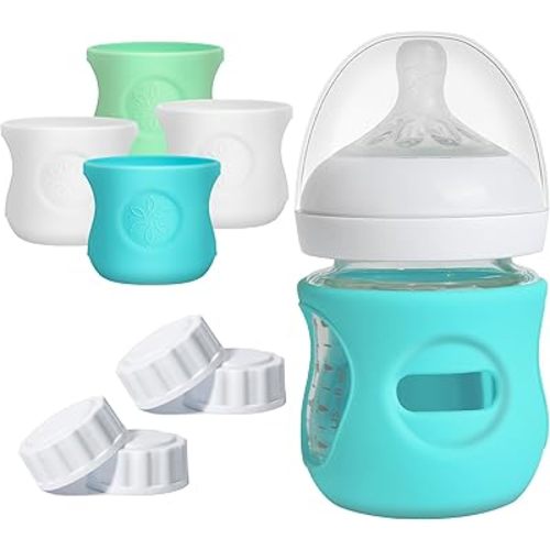 4 Pack Silicone Sleeves for Philips Avent Natural Glass Bottle Food Grade Silicone Bottle Cover and 4pcs Travel Bottle Caps, Bottle Lids Replacement (White+Blue+Green, 4oz)