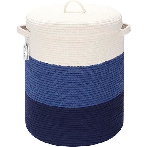 Sea Team Large Size Cotton Rope Woven Storage Basket with Lid, Lidded Laundry Hamper with Handles, Fabric Bucket with Cover, Clothes Toys Organizer for Kid's Room, 16 x 20 inches, White & Navy
