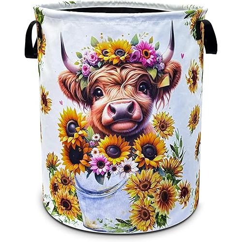 Highland Cow Laundry Basket Sunflower Flower Foldable Oxford Cloth Funny Tote Bag Laundry Hamper Clothes Storage Bucket Organizer For Bathroom/Laundry Storage/Bedroom 18.9x16.5 Inch