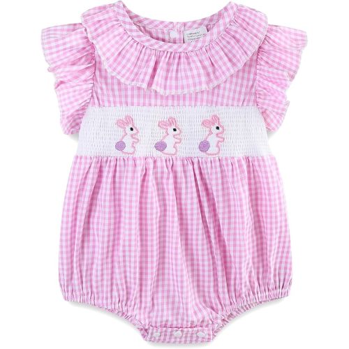 Baby Girl Outfit Infant Bunny Smocked Romper Onesie Short Sleeve Summer Plaid Clothes for 0~24M