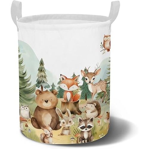 Woodland Baby Shower Storage Baskets,Woodland Baby Shower Decorations,Cute Animals Nursery Decor, Large Canvas Round Laundry Basket With A Waterproof PE Coating, Foldable Toy Clothes Bins for Bedroom