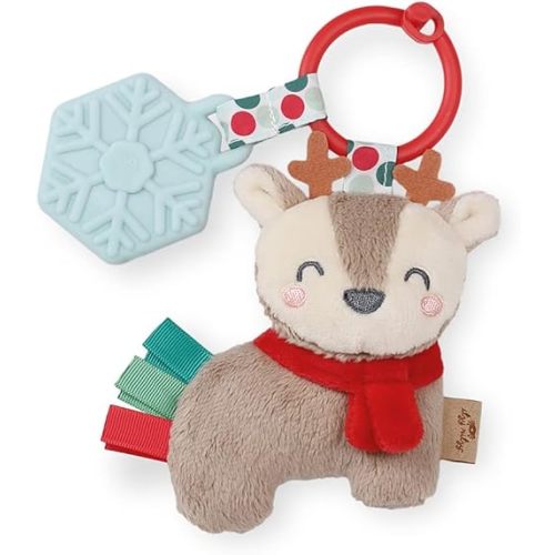 Itzy Ritzy Infant Toy & Teether - Itzy Pal Baby Teething Toy includes Lovey, Crinkle Sound, Textured Ribbons & Silicone Teether Toy for Newborn (Jolly The Reindeer)