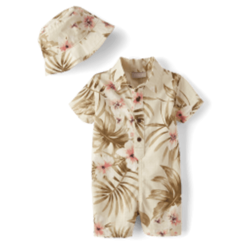 Baby Boys Matching Family Tropical Textured Romper 2-Piece Outfit Set - Mellow aqua