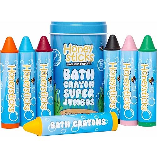 Honeysticks Super Jumbo Bath Crayons Non Toxic (7 Pack) for Toddlers 1-3 and Kids 4-8, Natural Beeswax Crayons, Food-Grade Colors, Fragrance Free, Non Irritating, Bath Toys for Bathtub, Shower, Gift