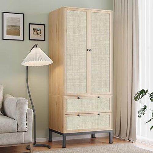 Yechen Natural Rattan Armoire Storage Cabinet, 74" Tall Armoire Closet with Doors, Adjustable Shelves and Drawers, Large Wooden Wardrobe Closet with 2 Hanging Rods for Bedroom Utility Pantry
