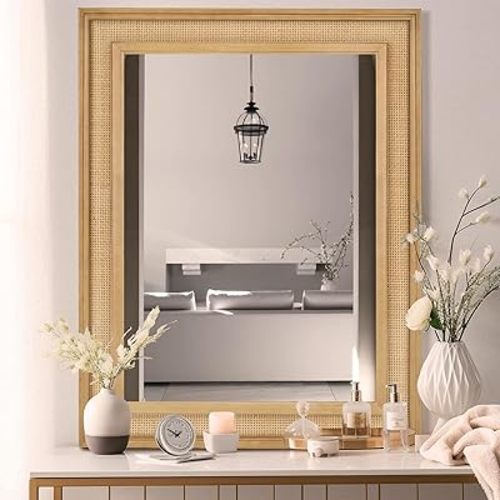 WallBeyond Rattan Wall Mirror Rectangle, 27 X 34 inch Rattan Mirror with Wooden Framed for Wall Decor Bathroom, Living Room, Entryway, Farmhouse, Bedroom