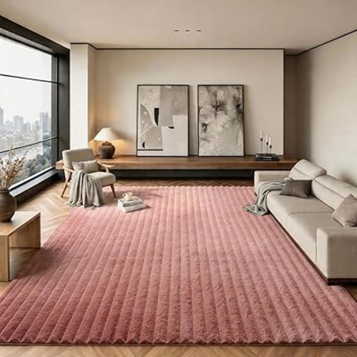Pink Rabbit Striped Plush Rug 8'x10', Fluffy Shaggy Area Rug for Nursery & Kids Room, Faux Fur Carpet for Girls Bedroom, Living Room, Teen Decor