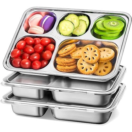 Stainless Steel Snack Containers with Plastic Lids - 3 Pack - 5 Compartments Bento Snack Boxes - Large Reusable Meal Prep for Kids Adult - Divided Food Storage Container for School, Lunch, Home Travel