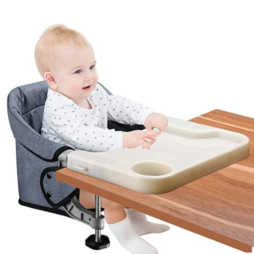 Hook On High Chair with Removable Dining Tray,Folding Portable Clip on Table High Chair,Baby Chair with Storage Bag for Indoor/Outdoor (Grey) - Hook On Chair - Grey with Tray
