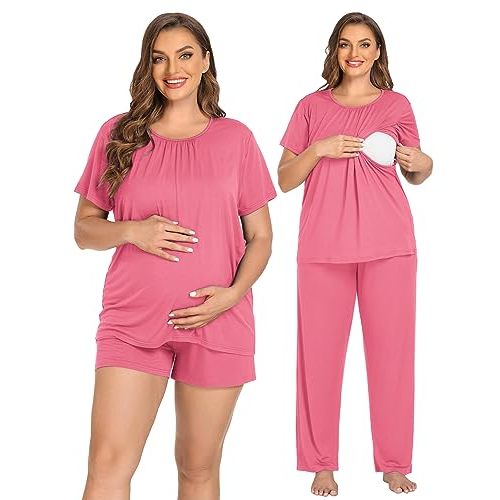 SWOMOG Women 3Pcs Maternity Pajama Set Nursing Pjs Pregnancy Set Breastfeeding Pjs Double Layer with Pockets