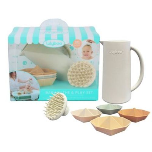 Lulyboo Silicone Baby Bath Toys Gift Set - Rinse Cup, Scalp Scrubber & Boat Toys For Fun Bath Time For Infants And Toddlers - Neutrals - 6pc