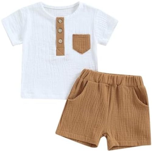 fhutpw Baby Boy Summer Outfits Henley Shirt Soft Pocket Short Sleeve Tops & Shorts Sets Infant 3 6 12 18 Months 2T Clothes