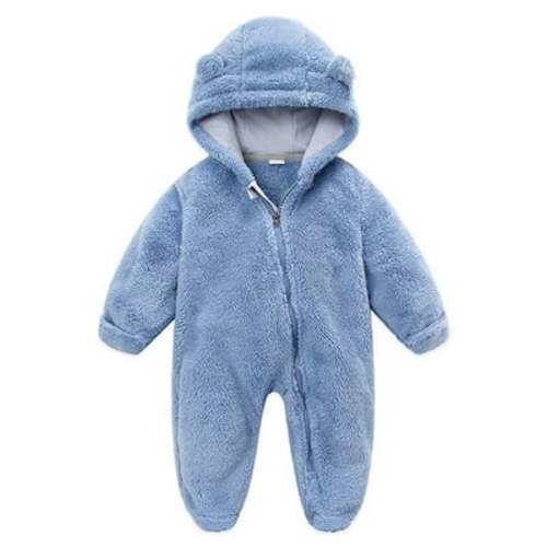 Ovbmpzd Baby Pajamas Hooded Blue Full Zip up Solid Fleece Warm Footed Sleepers Baby Boy Onesies 6-9 Months