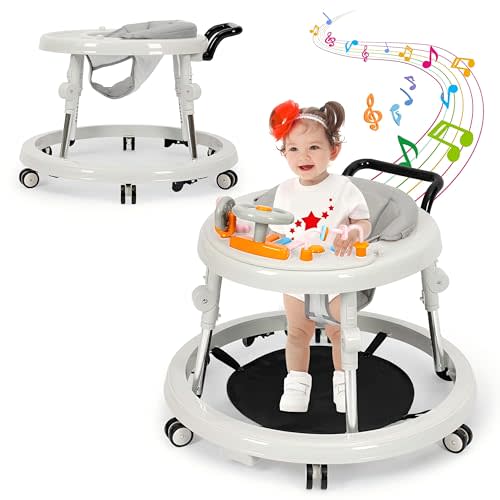 Wismind Music and Lights Baby Walker Foldable with 9 Adjustable Heights, Baby Walker with Wheels Portable, Baby Walkers and Activity Center for Boys Girls Babies 7-18 Months