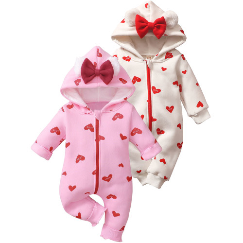 WIBACKER Newborn Baby Girl Fall Winter Outfit Infant Hooded Jumpsuit with Thin Fleece Lining LOVE Pattern Warm Snowsuit
