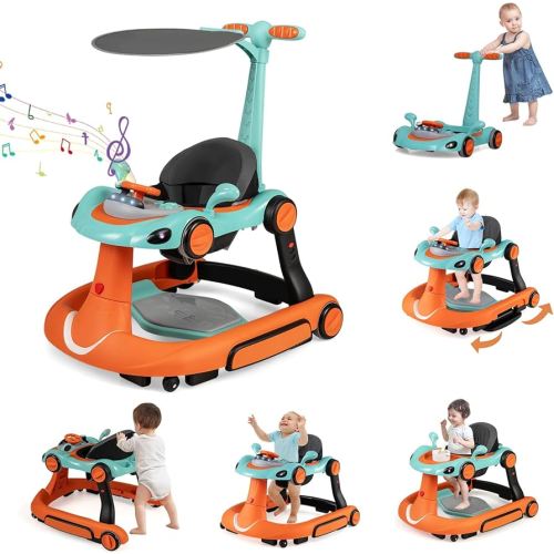 HONEY JOY Baby Walker, 7-in-1 Foldable Baby Bouncer and Rocker Combo, Infant Activity Center w/Canopy, Wheels, Adjustable Height/Speed, Music, Lights, Walker for Baby Boy Girl 7-18 Months (Orange)
