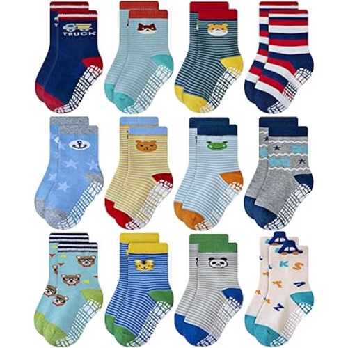 RATIVE Non Skid Anti Slip Crew Socks With Grips for Baby Infant Toddlers Kids Boys