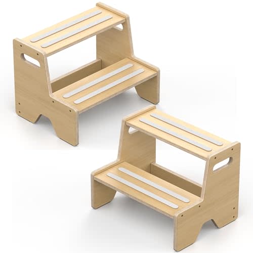 Uiirvdy Step Stool for Toddler, Sturdy Wooden 2-Step Stool with Anti-Slip Surface and Pads for Barthroom, Kitchen, Bedroom, Toilet, and Potty Training - 2 Pack